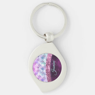 Sjöjungfru rosa silver faux glitter monogram nycke swirl silverfärgad nyckelring