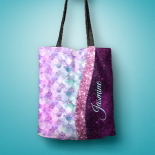 Sjöjungfru rosa silver faux glitter monogram tygkasse