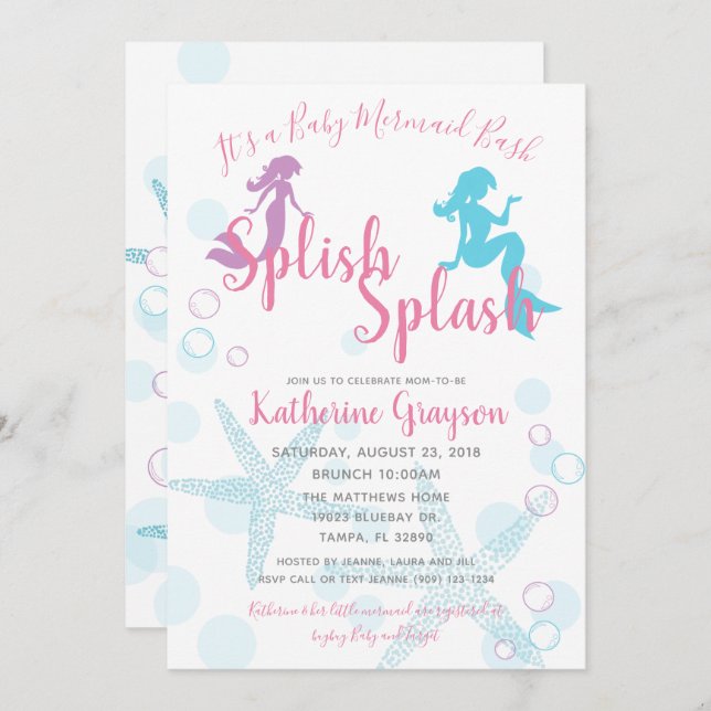 Sjöjungfru Rosa Teal Girl Baby Shower-inbjudan Inbjudningar (Fram/baksida)