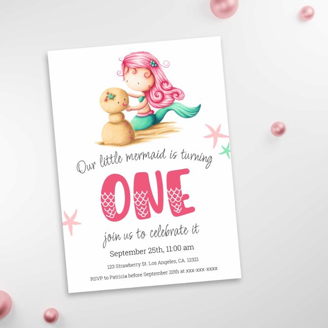Sjöjungfru Rosa Turkos 1:a födelsedag Party Inbjudningar (Exclusive Mermaid First Birthday Illustrated Party Invitation)