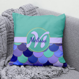 Sjöjungfru Scale Aqua Teal & Lila Monogram Namn Kudde