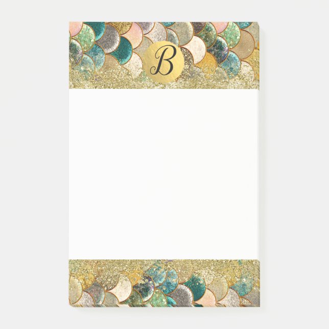 Sjöjungfru Scale Multi Färg Glitter Glam Monogram Post-it Block (Framsida)