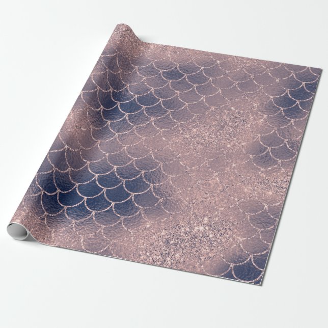 Sjöjungfru Scale Rosa ros Glitter Navy  Spark Presentpapper (Utrullad)