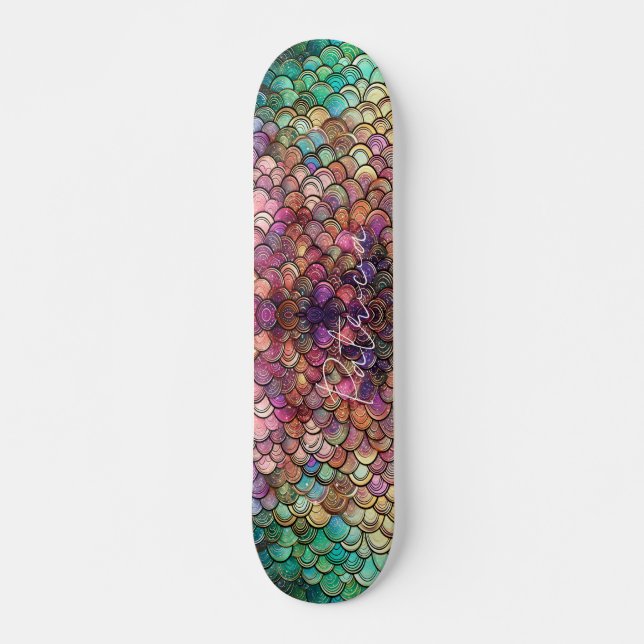 Sjöjungfru Scales Girly Glitter Grönt Lila Chic Mini Skateboard Bräda 18,5 Cm (Framsida)