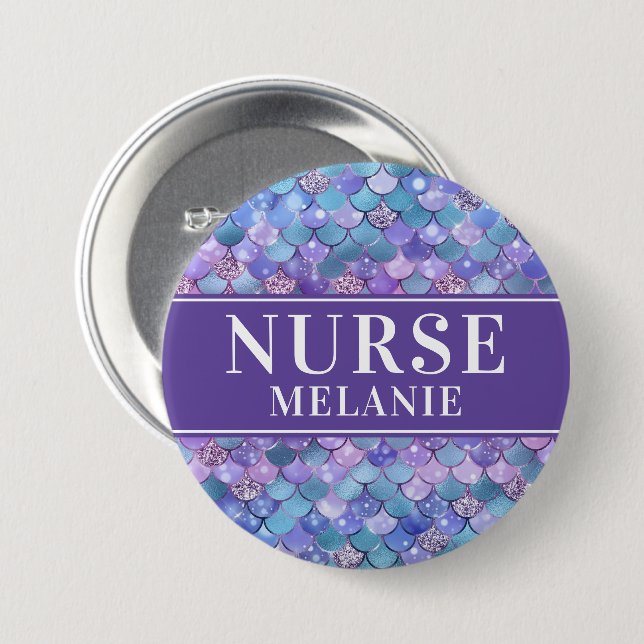 Sjöjungfru Scales Glitter Nurse Namn Button Badge Knapp (Framsida & baksida)