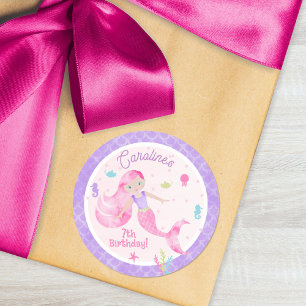 Sjöjungfru Sea Creaters Rosa Lila Födelsedagsfest Runt Klistermärke