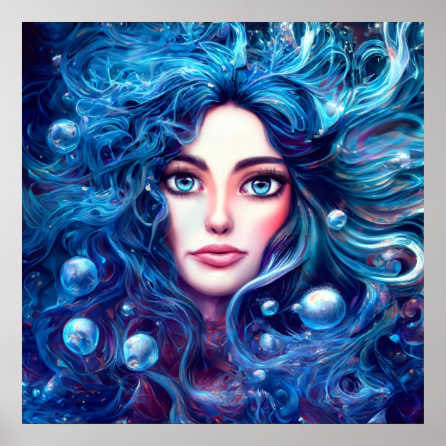 Sjöjungfru Sea Goddess Nymph Siren Blue Underwater Poster (Framsidan)