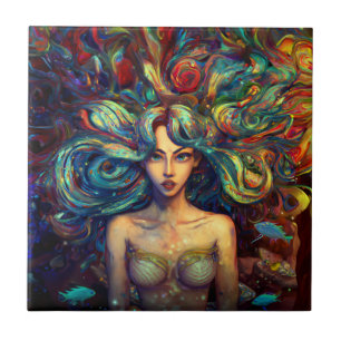 Sjöjungfru Sea Goddess Nymph Siren Underwater Art Kakelplatta