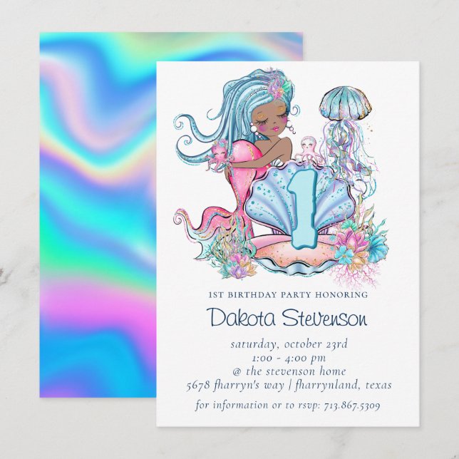 Sjöjungfru Sea Life | Födelsedagsfest med Anpassni Inbjudningar (Fram/baksida)