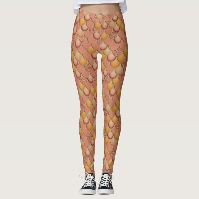 Sjöjungfru Sea Orange Red Scales Leggings (Framsida)