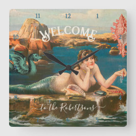 Sjöjungfru Seashore Snäckors Sea Vintage Beach Hou Fyrkantig Klocka