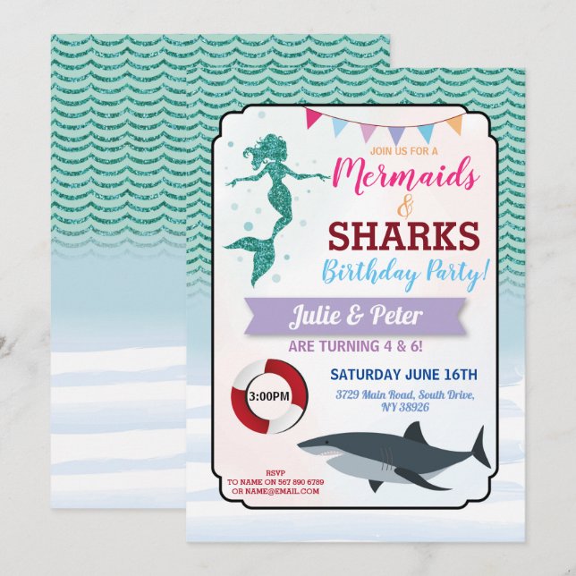 Sjöjungfru Shark Bassäng Joint Boy Birthday Inbjudningar (Fram/baksida)