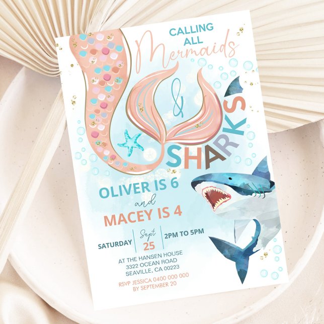 Sjöjungfru Shark Birthday-inbjudan - gemensam föde Inbjudningar (Mermaid and Shark Birthday Invitation. Perfect invitation for pool parties, beach parties and more)
