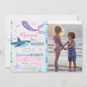 Sjöjungfru & Shark Joint Birthday Photo Inbjudningar