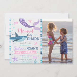 Sjöjungfru & Shark Joint Birthday Photo Inbjudningar