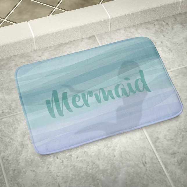 Sjöjungfru Silhouette Aqua Blue Ocean Anpassningsb Badrumsmatta (Watercolor waves, a mermaid silhouette and your name. Perfect bath mat just for you)
