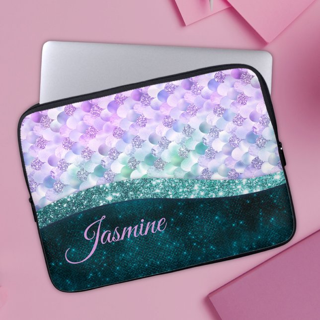 Sjöjungfru silver faux glitter monogram laptop fodral (Skapare uppladdad)