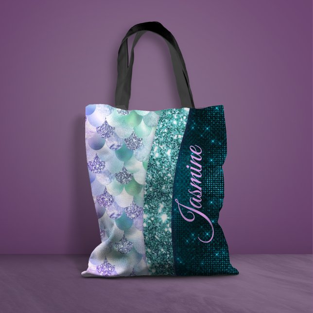 Sjöjungfru silver faux glitter monogram tygkasse (Skapare uppladdad)