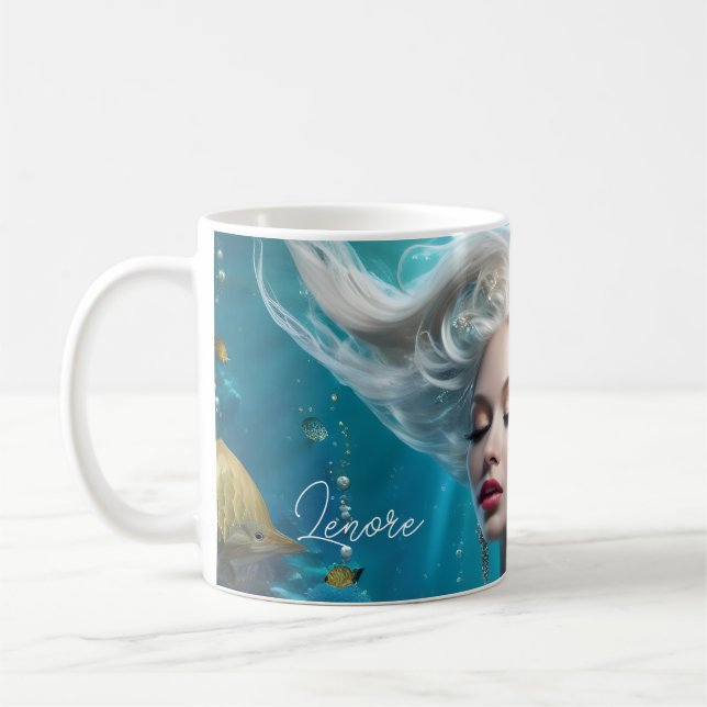 Sjöjungfru Silver Hair Turquise Ocean Kaffemugg (Vänster)