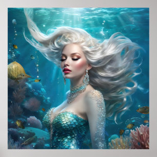 Sjöjungfru Silver Hair Turquise Ocean Poster