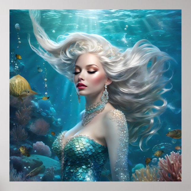 Sjöjungfru Silver Hair Turquise Ocean Poster (Framsidan)