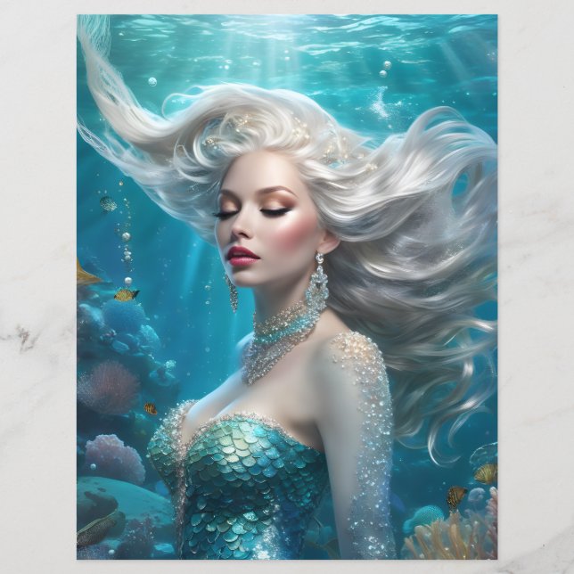 Sjöjungfru Silver Hair Turquise Oceanen Papper (Framsida)