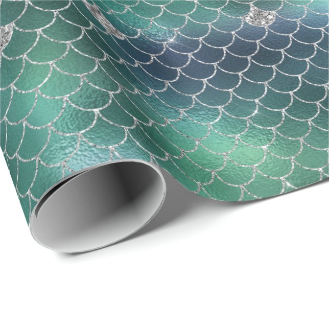 Sjöjungfru Silver Teal Ocean Glitz Presentpapper (Rullad Hörn)