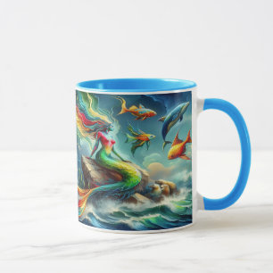 Sjöjungfru Sits på Sten, omgiven av Whimsical 36 x Mugg