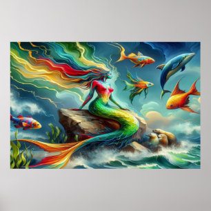 Sjöjungfru Sits på Sten, omgiven av Whimsical 36 x Poster