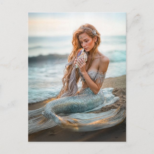 Sjöjungfru Sitta på havsstranden med snäcka Helg Vykort (Framsida)