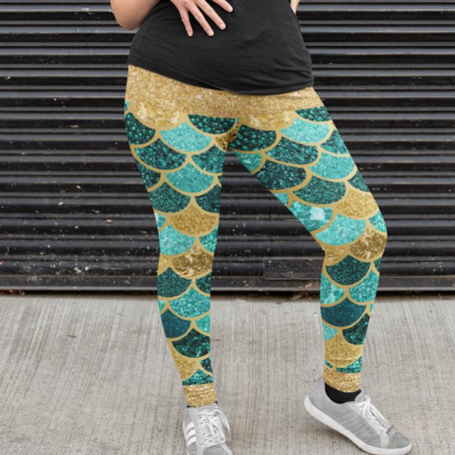 Sjöjungfru Skalor färgstarka Söt Guld Glitter Teal Leggings (Skapare uppladdad)