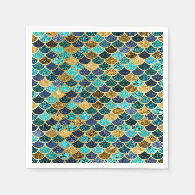 Sjöjungfru Skalor Guld Teal Turcos Pappersservett (Framsidan)