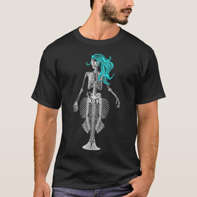 Sjöjungfru Skeleton med Blue Hair Creepy Sea Siren T Shirt (Framsida)