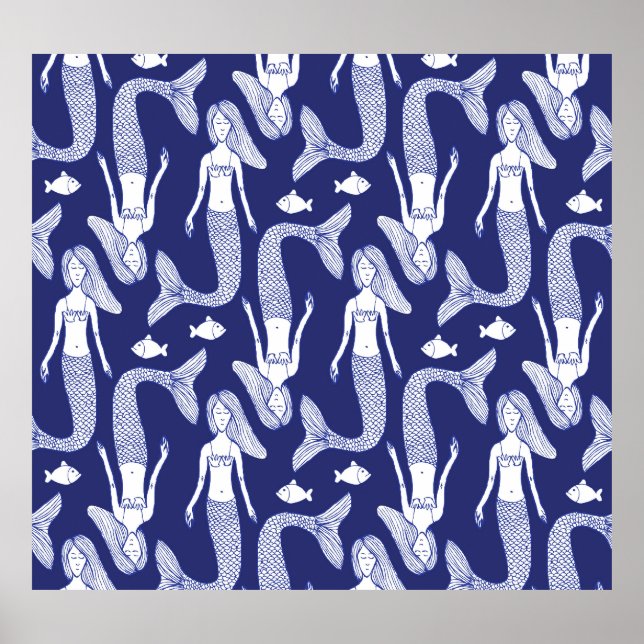 Sjöjungfru Sketch: Vintage Fish Mönster. Poster (Framsidan)