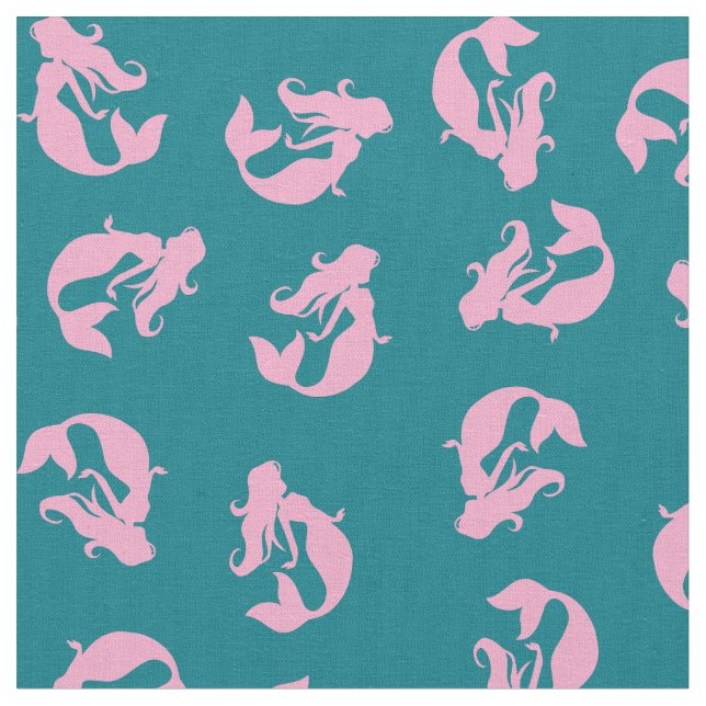 Sjöjungfru Skriv ut Fabric Rosa och Teal Turcos Tyg (Närbild)
