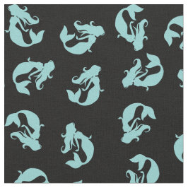 Sjöjungfru Skriv ut Fabric Teal Aqua och Black Tyg