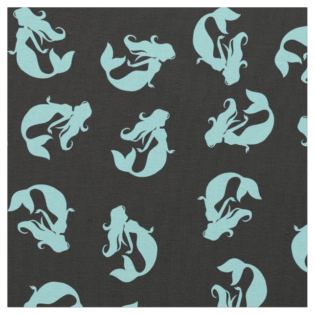 Sjöjungfru Skriv ut Fabric Teal Aqua och Black Tyg (Närbild)