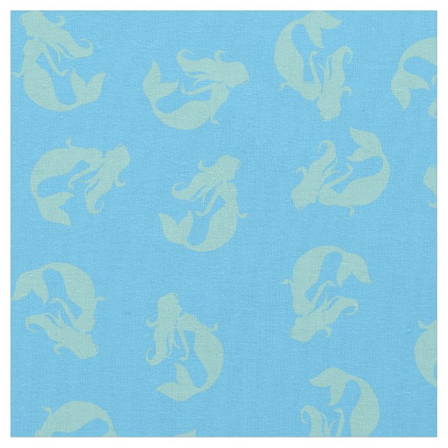 Sjöjungfru Skriv ut Fabric Teal Aqua och Light Blu Tyg (Närbild)