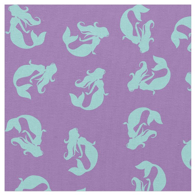 Sjöjungfru Skriv ut Fabric Teal Aqua och Lila Tyg (Närbild)