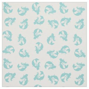 Sjöjungfru Skriv ut Fabric Teal Aqua och White Tyg