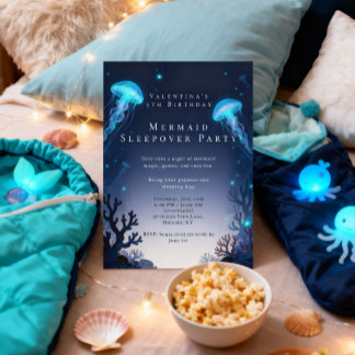 Sjöjungfru Sleepover Födelsedags Slummer Pyjamasfe Inbjudningar