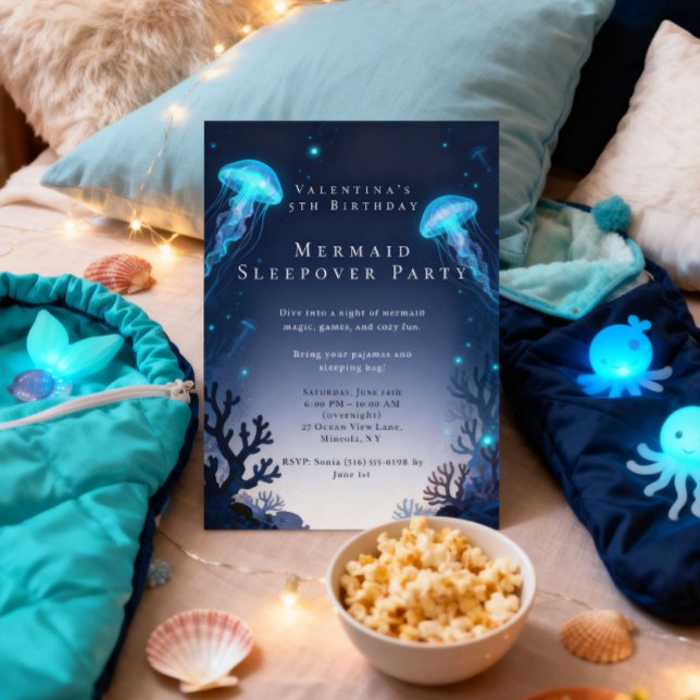 Sjöjungfru Sleepover Födelsedags Slummer Pyjamasfe Inbjudningar (Skapare uppladdad)