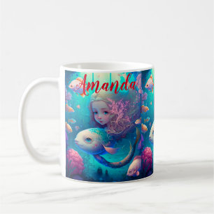 Sjöjungfru som simmar med fisk kaffemugg