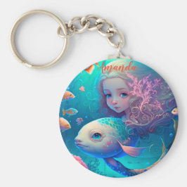 Sjöjungfru som simmar med fisk nyckelring