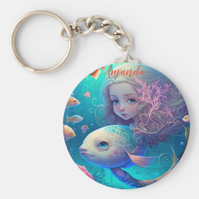 Sjöjungfru som simmar med fisk nyckelring (Framsidan)