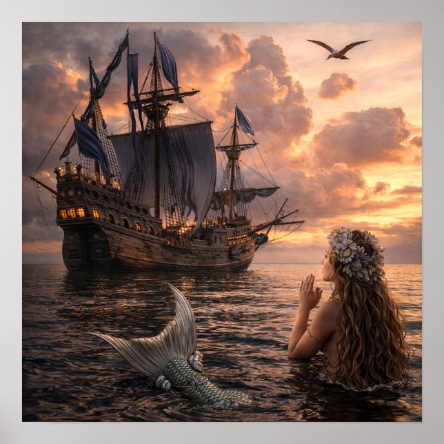 Sjöjungfru som tittar på ett segelfartyg poster (Framsidan)