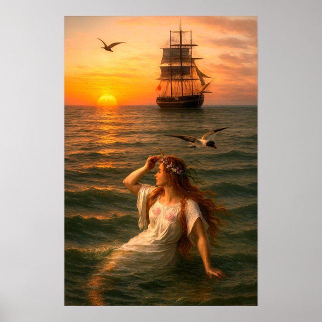 Sjöjungfru som tittar på segelfartyg vid solnedgån poster (Framsidan)
