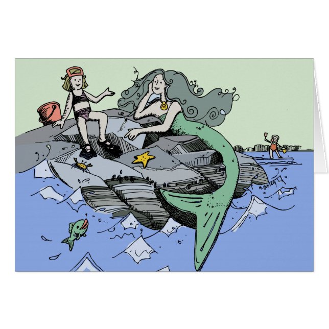 Sjöjungfru, söt tecknad, barnkonst i strandnära va hälsningskort (Framsidan Horizontal)
