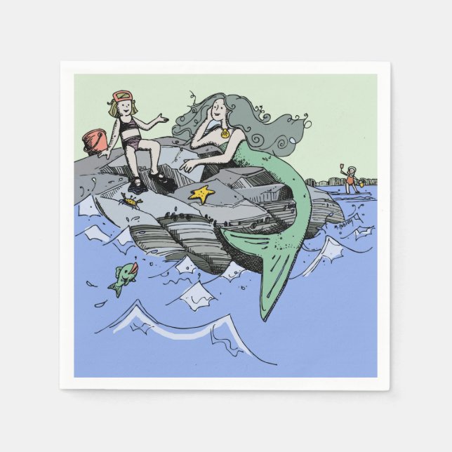 Sjöjungfru, söt tecknad, barnkonst i strandnära va pappersservett (Framsidan)