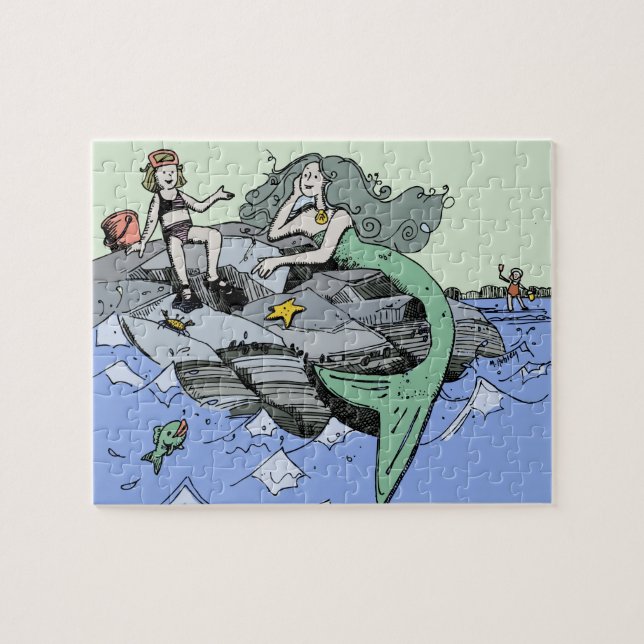 Sjöjungfru, söt tecknad, barnkonst i strandnära va pussel (Horisontell)